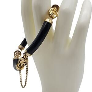 Asian Inspired Black Onyx Bracelet Gold Plated Symbol Panel Spiritual Vintage 7"